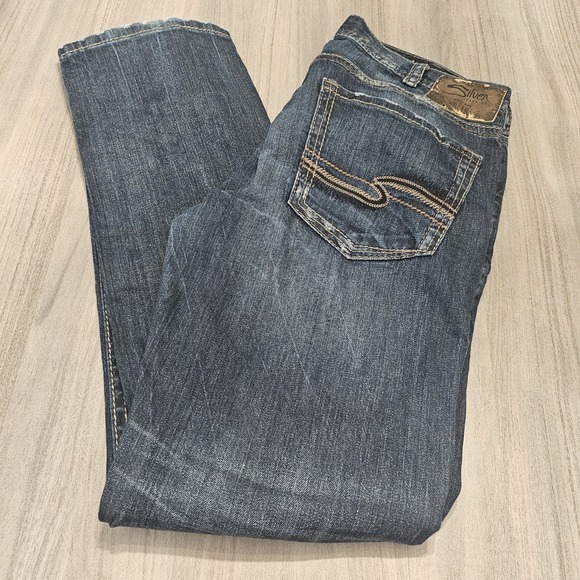 Silver Jeans Mens 34x34 Blue Denim Grayson Straight Leg Medium Wash Whiskered - Picture 1 of 7